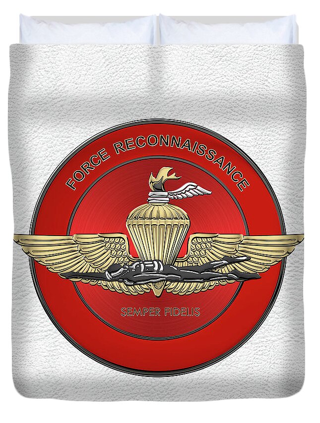 'military Insignia & Heraldry' Collection By Serge Averbukh Duvet Cover featuring the digital art Marine Force Reconnaissance - U S M C  F O R E C O N Insignia over White Leather by Serge Averbukh