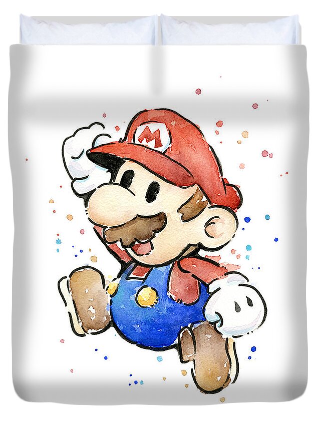 Video Game Duvet Cover featuring the painting Mario Watercolor Fan Art by Olga Shvartsur