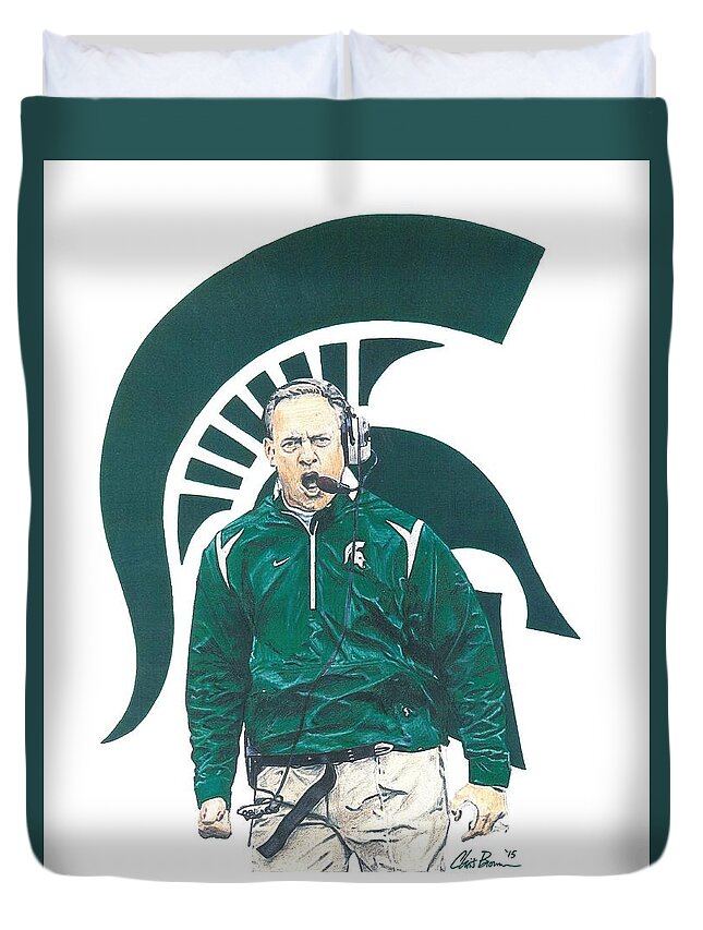 Michigan State Spartans Duvet Cover featuring the drawing Mark Dantonio by Chris Brown