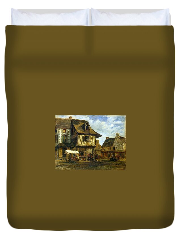 Theodore Rousseau - Market-place In Normandy 1830s Duvet Cover featuring the painting Market Place in Normandy by MotionAge Designs