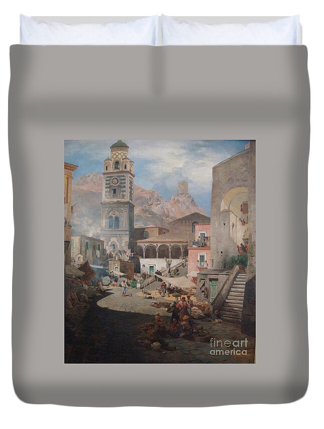 Oswald Achenbach  Market Square In Amalfi Duvet Cover featuring the painting Market Square in Amalfi by MotionAge Designs