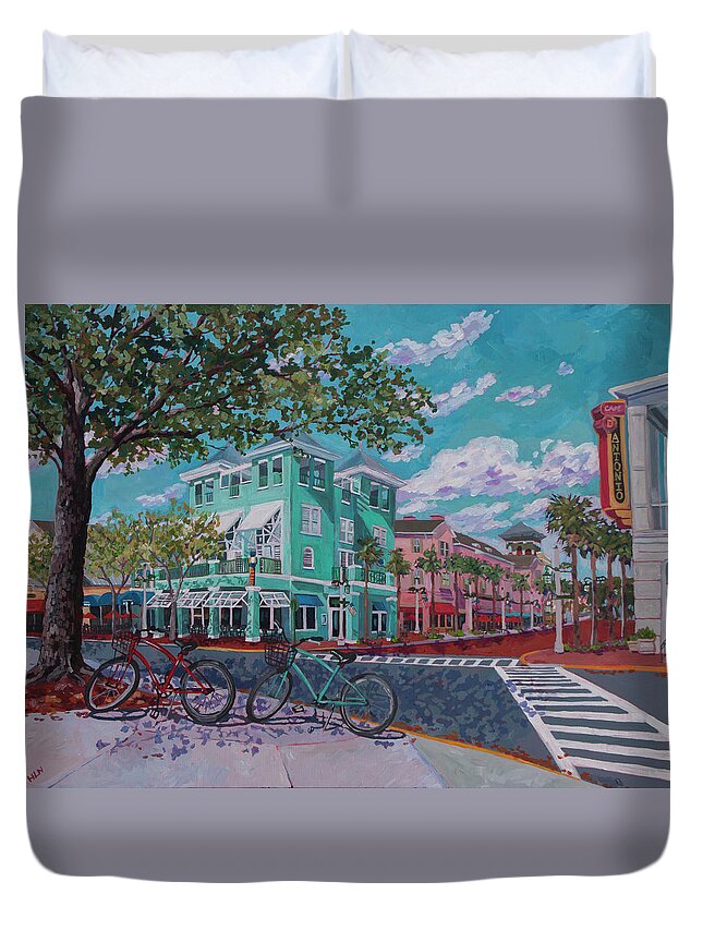 Celebration Duvet Cover featuring the painting Market Street Cafe by Heather Nagy