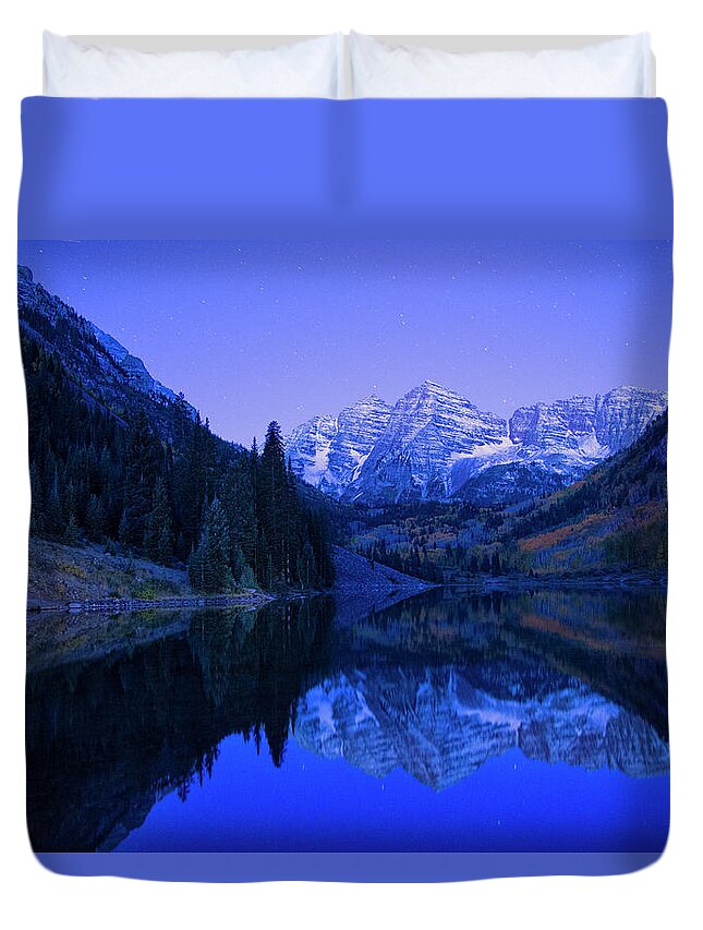 Blue Duvet Cover featuring the photograph Maroon Bells before sunrise by Nancy Dunivin