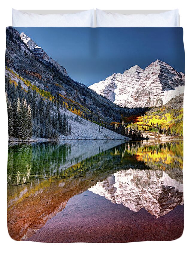 Olena Art Duvet Cover featuring the photograph Sunrise at Maroon Bells Lake Autumn Aspen Trees in The Rocky Mountains Near Aspen Colorado by O Lena