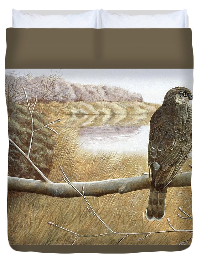  Duvet Cover featuring the painting Marsh Hawk by Laurie Stewart
