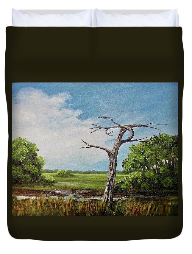 Island Duvet Cover featuring the painting Marsh Sentinel by Marlyn Boyd