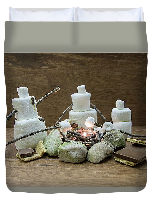 Bar Duvet Cover featuring the photograph Marshmallow family making s'mores over campfire by Karen Foley