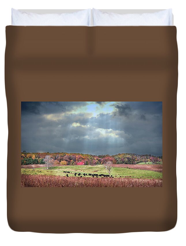 Landscape Duvet Cover featuring the photograph Maryland farm with Autumn Colors and approaching storm by Patrick Wolf