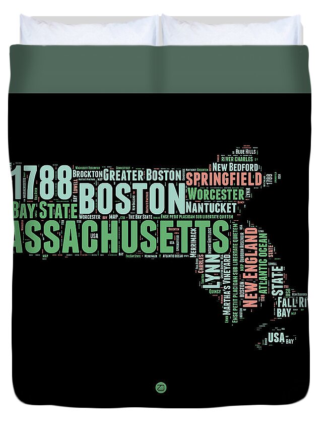 Massachusetts Duvet Cover featuring the digital art Massachusetts Word Cloud Map 1 by Naxart Studio