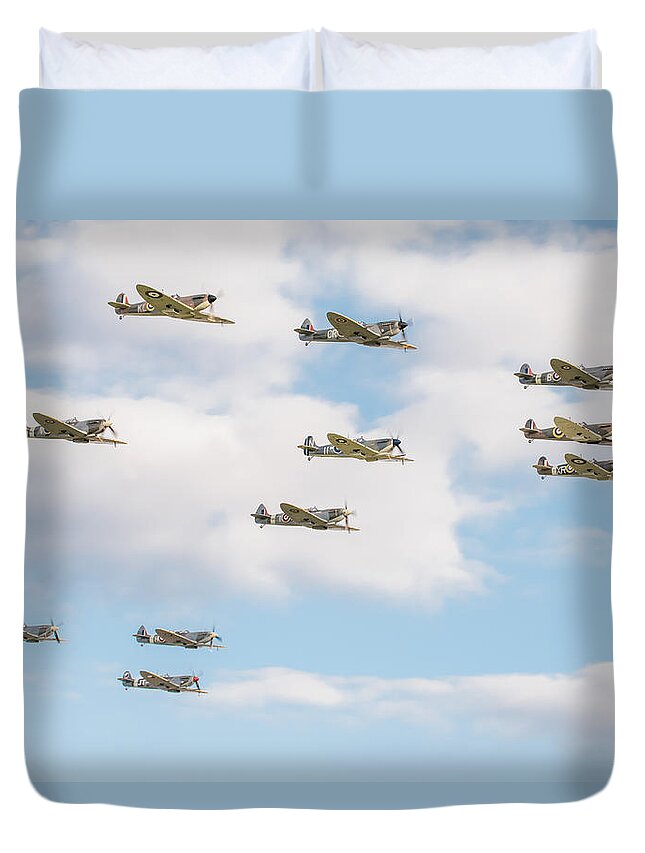 Duxford Battle Of Britain Airshow 2015 Duvet Cover featuring the photograph Massed Spitfires by Gary Eason
