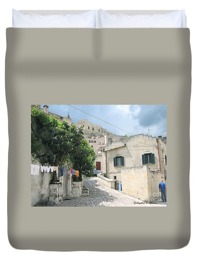 Cityscape Duvet Cover featuring the photograph Matera's colorful Laundry by Italian Art