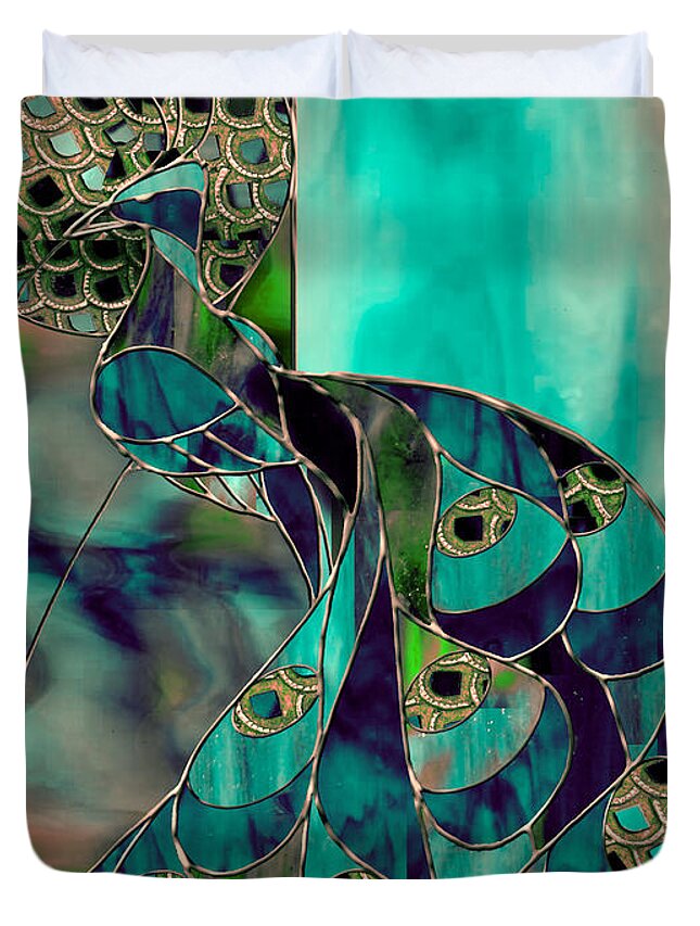 Stained Glass Peacock Duvet Cover featuring the painting Mating Season Stained Glass Peacock by Mindy Sommers