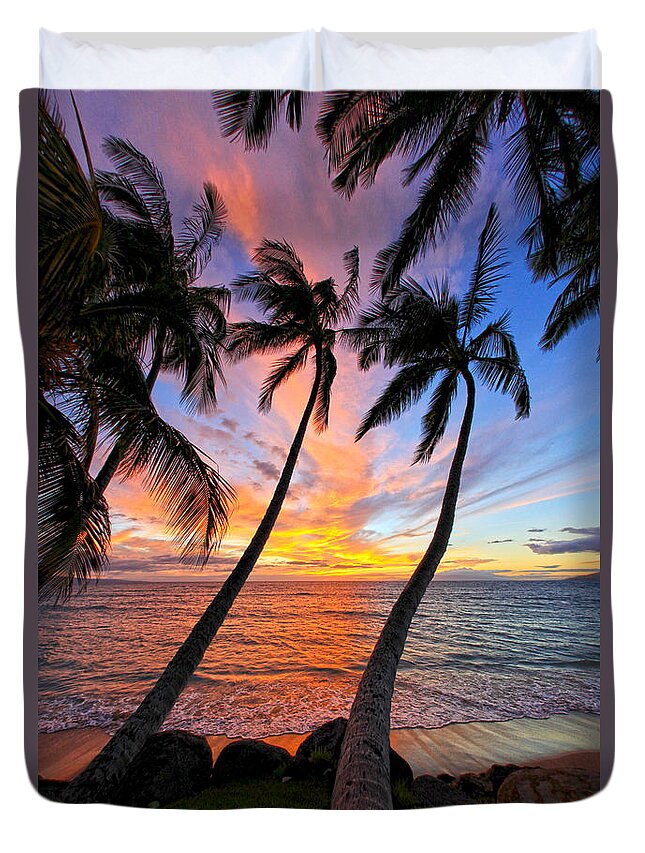 Maui Hawaii Sunset Colorful Palmtrees Ocean Duvet Cover featuring the photograph Maui Magic by James Roemmling