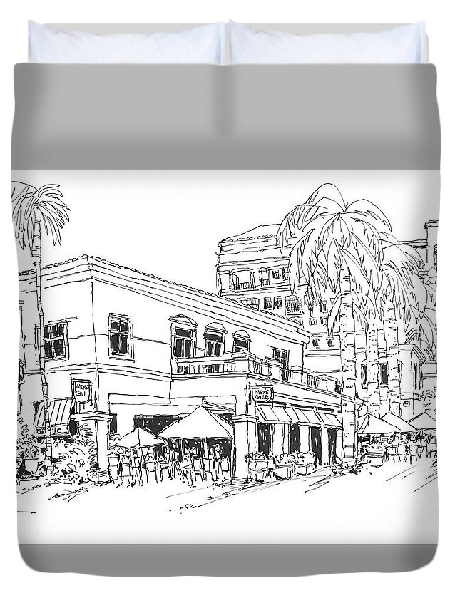 Max's Cafe In Mizner Park Duvet Cover featuring the drawing Max's Cafe in Mizner Park, Florida by Robert Birkenes