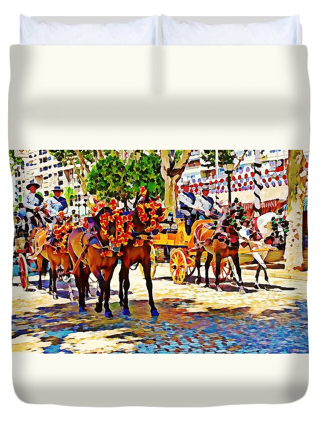May Day Fair Duvet Cover featuring the mixed media May Day Fair in Sevilla, Spain by Tatiana Travelways