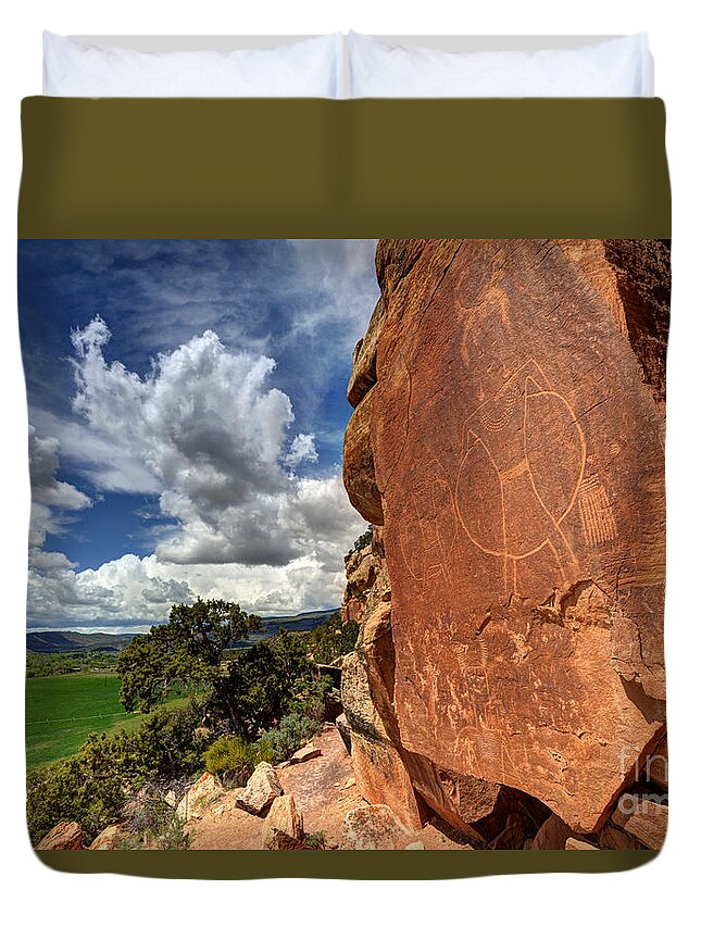 Petroglyph Duvet Cover featuring the photograph McConkie Ranch Petroglyph 1 - Utah by Gary Whitton