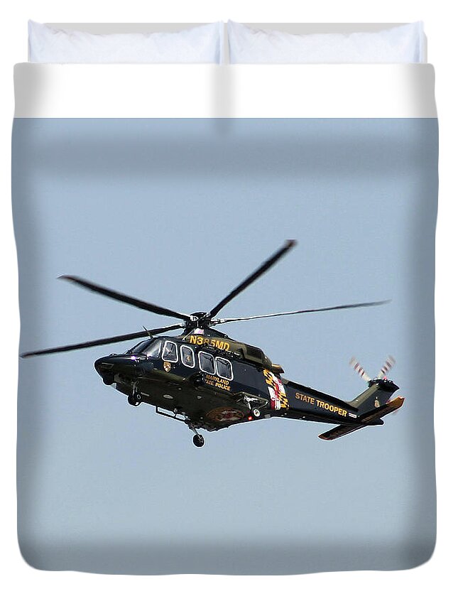 Helicopter Duvet Cover featuring the photograph MD State Police Helicopter by Robert Banach