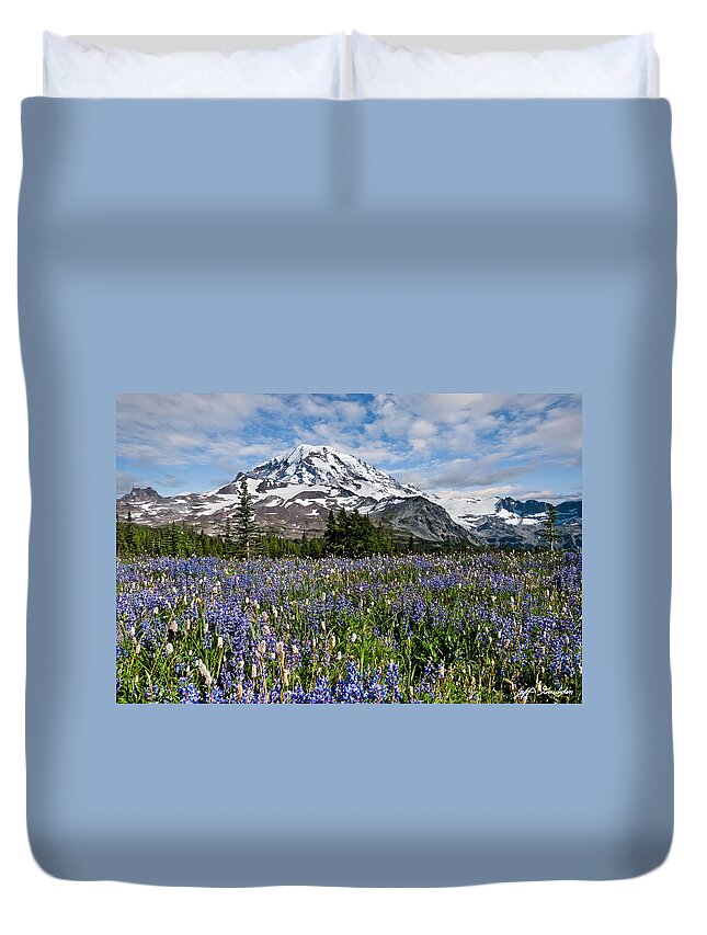 Alpine Duvet Cover featuring the photograph Meadow of Lupine Near Mount Rainier by Jeff Goulden