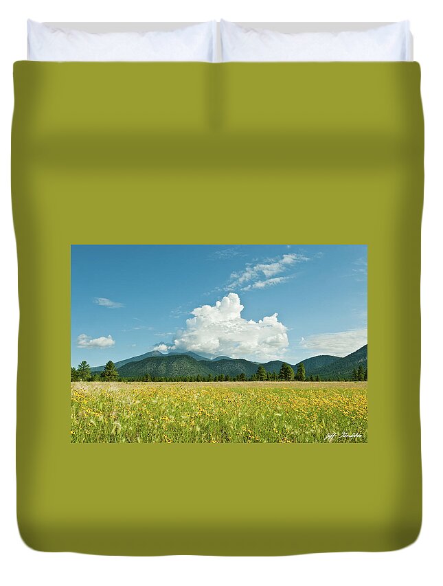 Arizona Duvet Cover featuring the photograph Meadow of Sunflowers and the San Francisco Peaks by Jeff Goulden