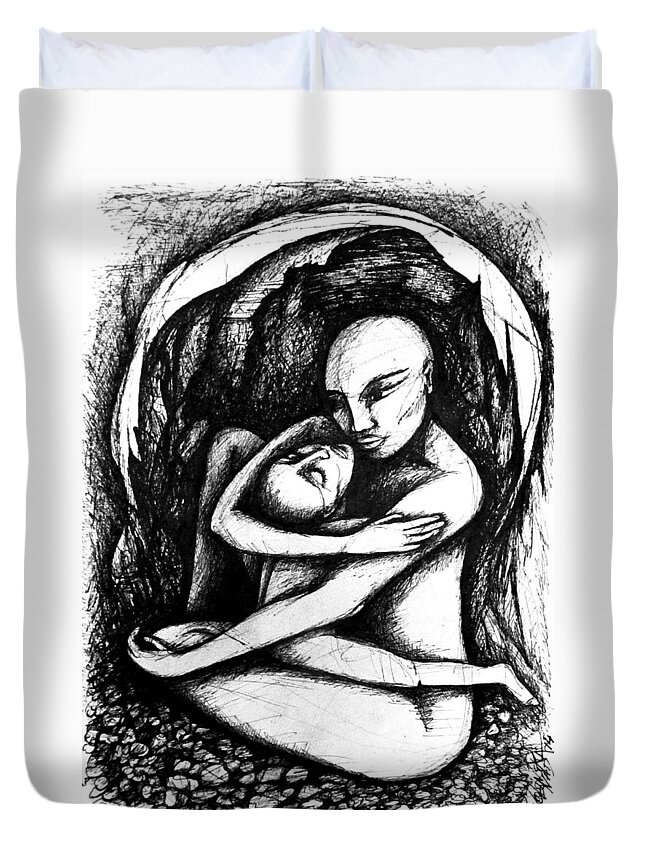 Mother Duvet Cover featuring the drawing Meanwhile 6 by Nad Wolinska