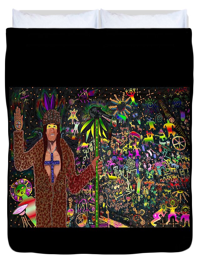 Native_american Duvet Cover featuring the painting Medicine Man Petroglyphs by Myztico Campo