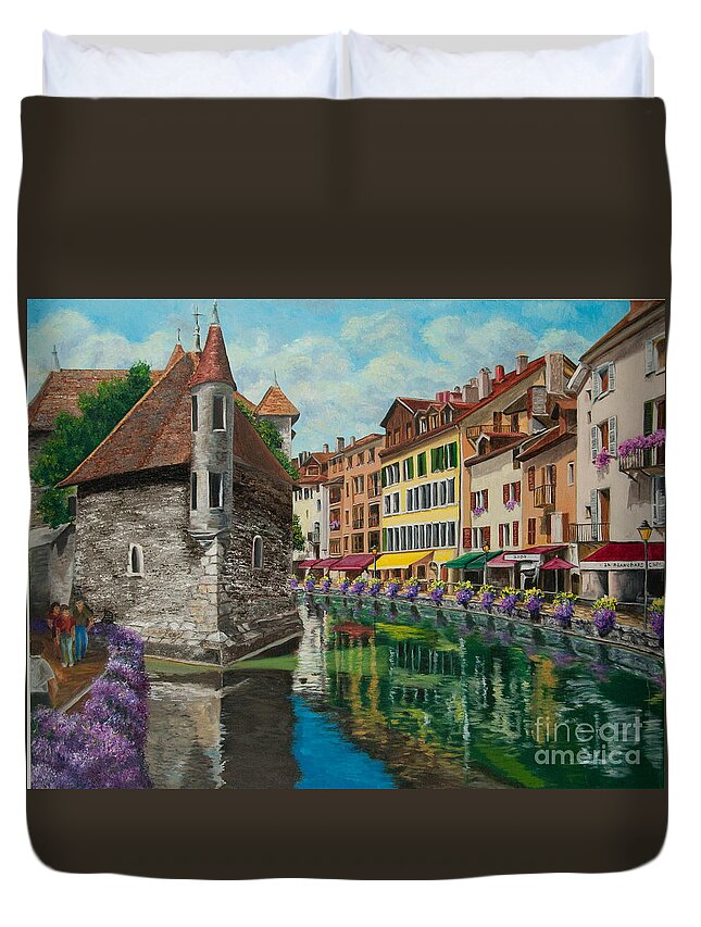 Annecy France Art Duvet Cover featuring the painting Medieval Jail in Annecy by Charlotte Blanchard