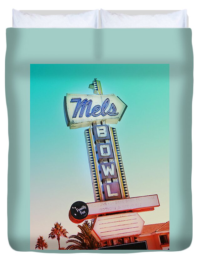 Vintage Duvet Cover featuring the photograph Mels Bowl Retro Sign by Kathleen Grace