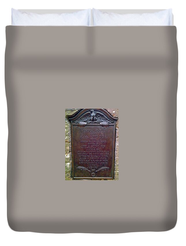 Gettysburg Duvet Cover featuring the photograph Memorial Tablet To Signal Corps U.S.A. Closeup by Chris W Photography AKA Christian Wilson