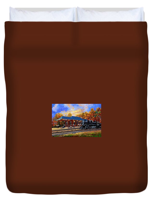 Schaefer Miles Duvet Cover featuring the painting Memories, Train Depot Whitehall WI by Kevin Wendy Schaefer Miles