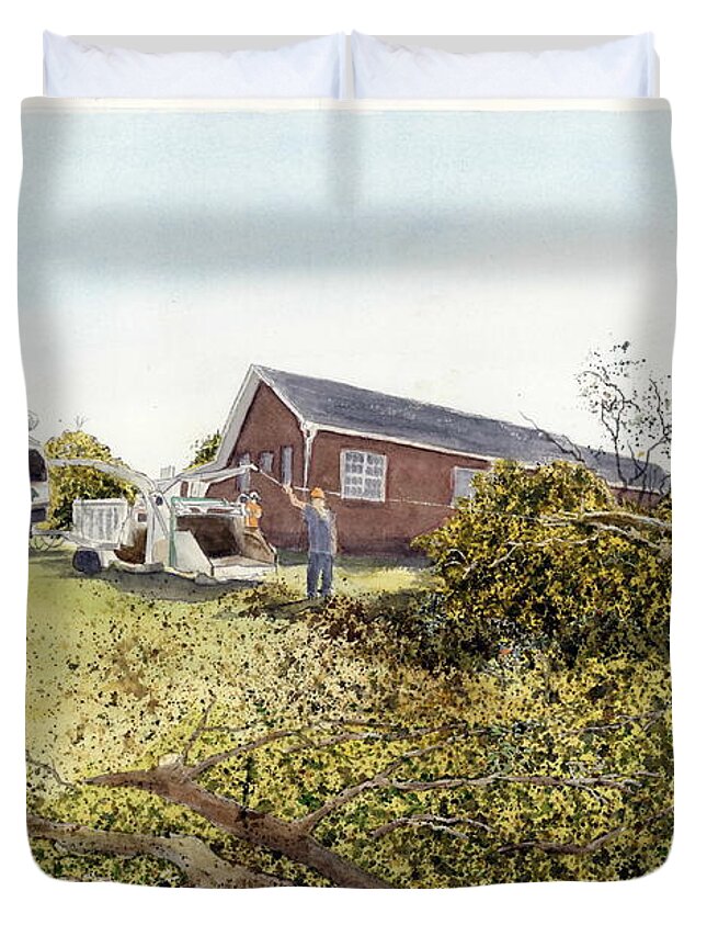 Storm Clean-up Duvet Cover featuring the painting Men at Work by Joel Deutsch