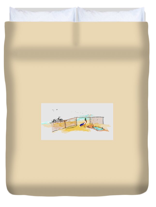 Seascape. Men. Relaxing Duvet Cover featuring the digital art Men on beach by Debbi Saccomanno Chan