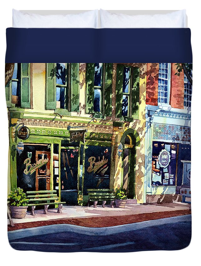 #landscape #cityscape #watercolor #art #irishpub #frederickmd #bushwallers #watercolorpainting #painting Duvet Cover featuring the painting Mending the Pub by Mick Williams