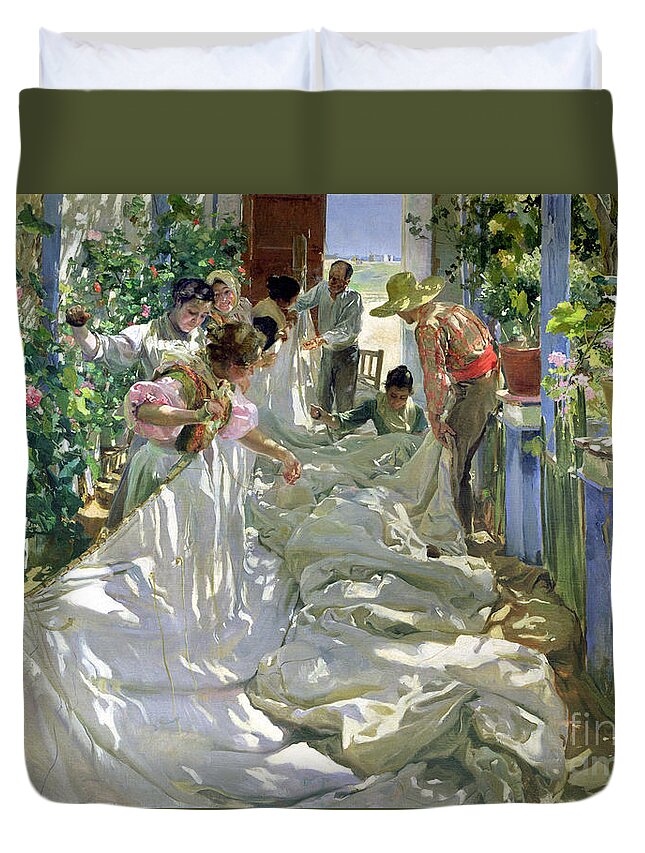 Sewing;straw Hat;geranium;sunshine;worker;workers;greenhouse;conservatory;interior; Pagoda Duvet Cover featuring the painting Mending the Sail by Joaquin Sorolla y Bastida