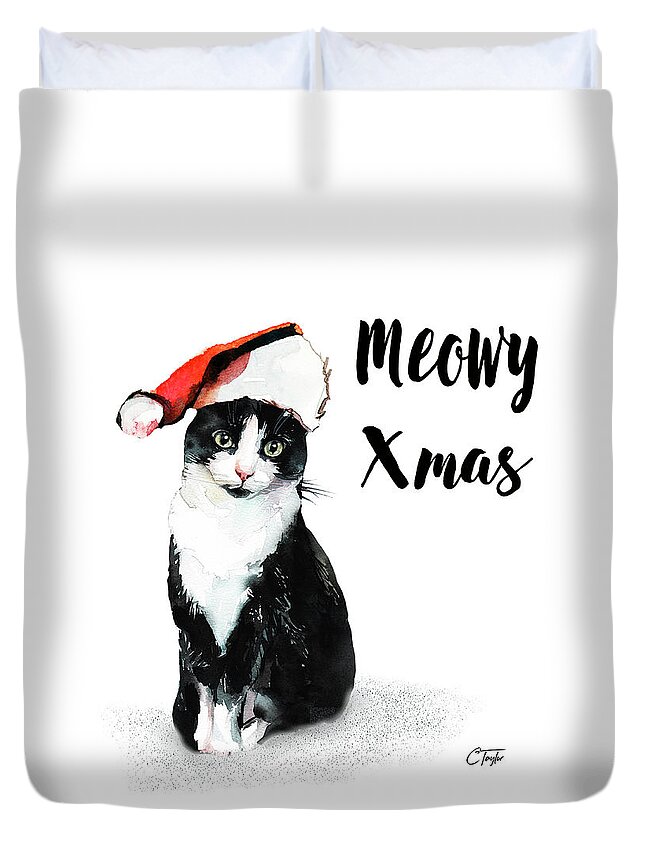Cat Duvet Cover featuring the painting Meowy Xmas by Colleen Taylor