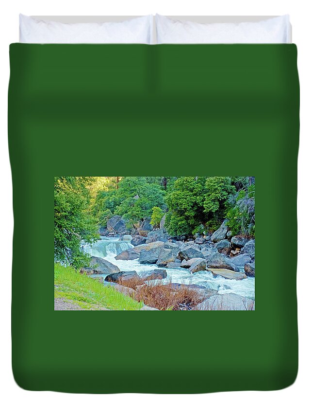 Quiet Spot In Merced River Alongside Highway 140 In Yosemite National Park Duvet Cover featuring the photograph Merced River alongside Highway 140 in Yosemite National Park, California by Ruth Hager