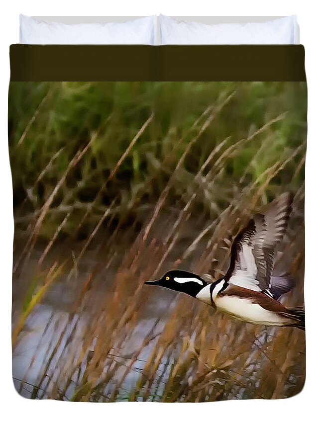 Birds In South Carolina Duvet Cover featuring the photograph Merganser In FLight by Joe Granita
