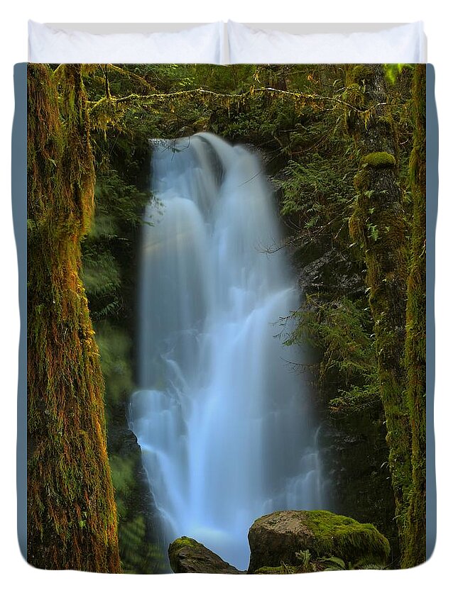Merriman Falls Duvet Cover featuring the photograph Meriman Falls Golden Frame by Adam Jewell