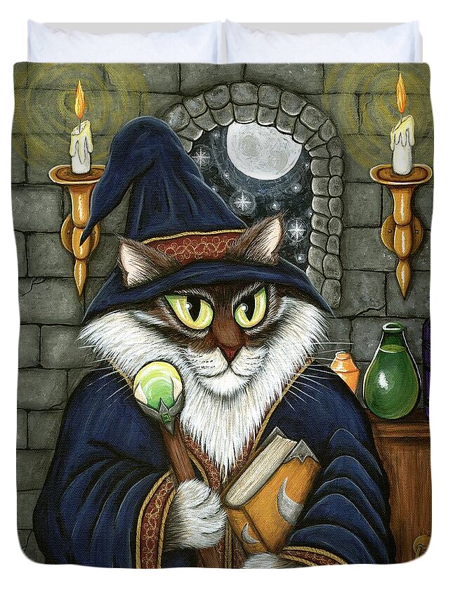 Merlin Duvet Cover featuring the painting Merlin The Magician Cat - Wizard Cat by Carrie Hawks