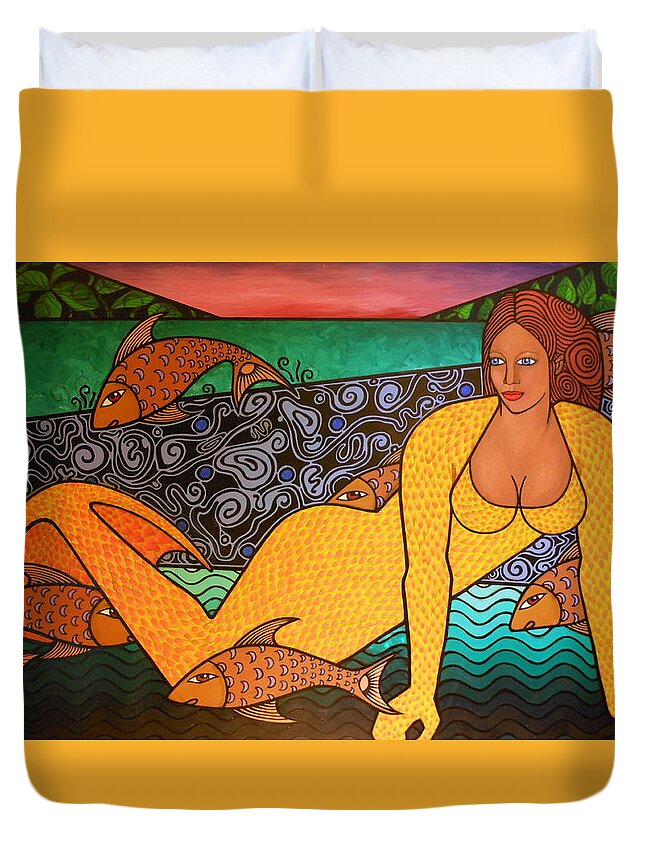 Figures With Fish Duvet Cover featuring the painting Mermaid and Friends by Bryon Stewart
