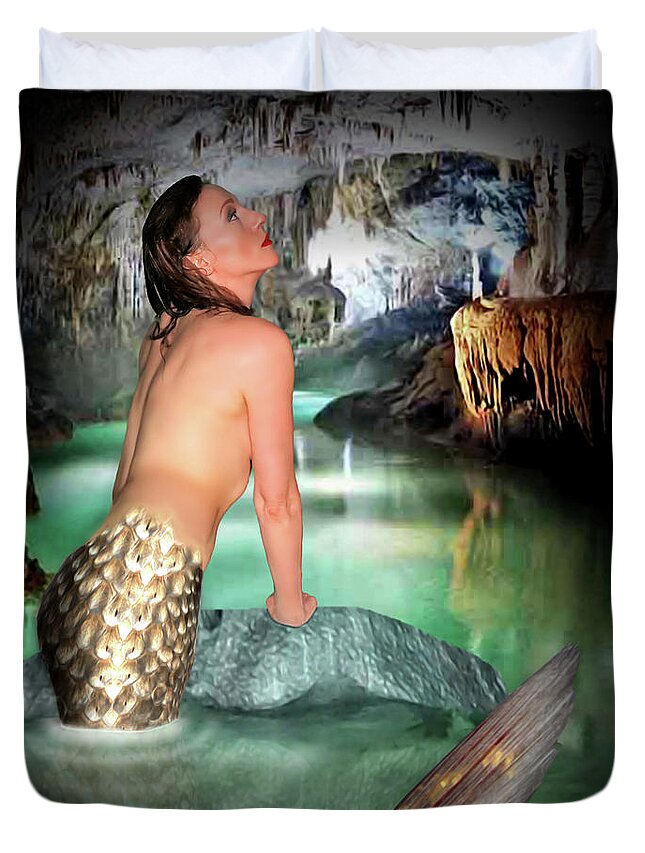 Mermaid Duvet Cover featuring the photograph Mermaid In A Cave by Jon Volden