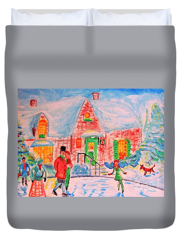 Merry Christmas Duvet Cover featuring the painting Merry Christmas and Happy Holidays by Stanley Morganstein
