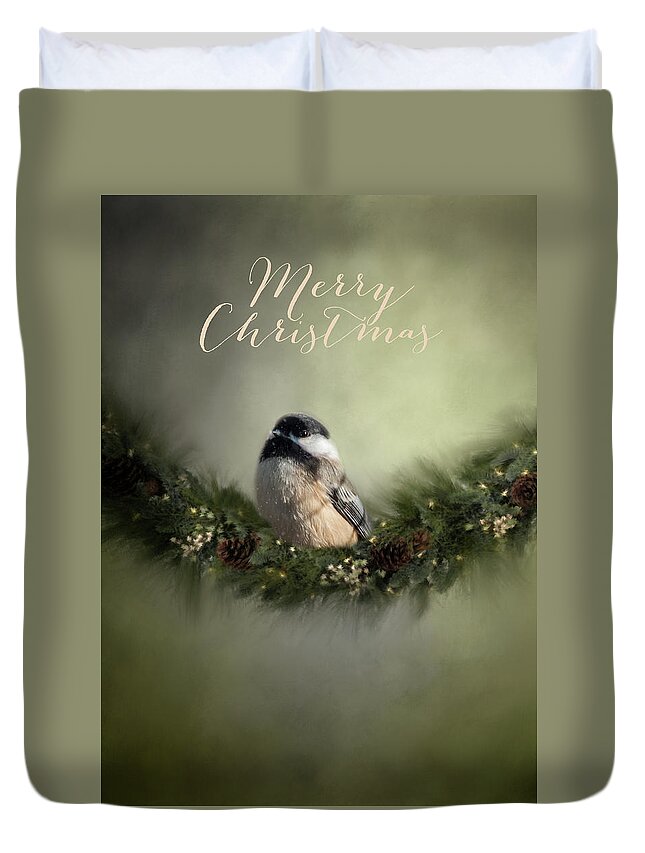 Song Bird Duvet Cover featuring the photograph Merry Christmas Chicadee 1 by Cathy Kovarik