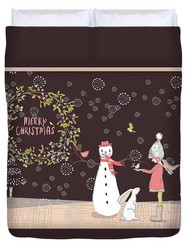 Christmas Duvet Cover featuring the photograph Merry Christmas Snowman Girl and Rabbit by Pam Holdsworth