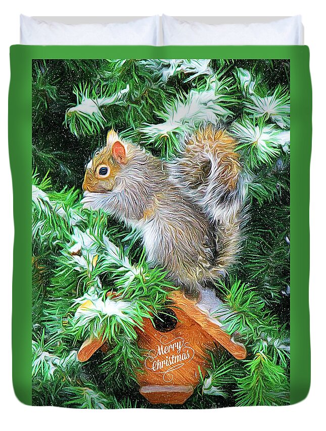 Squirrel Duvet Cover featuring the photograph Merry Christmas Squirrel by Tina LeCour