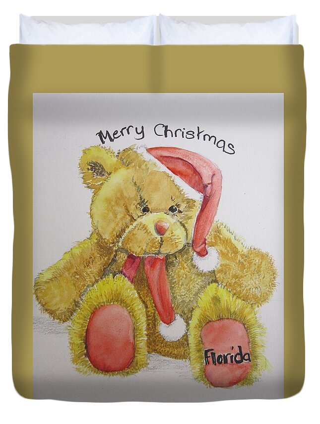 Toy Duvet Cover featuring the painting Merry Christmas Teddy by Teresa Smith