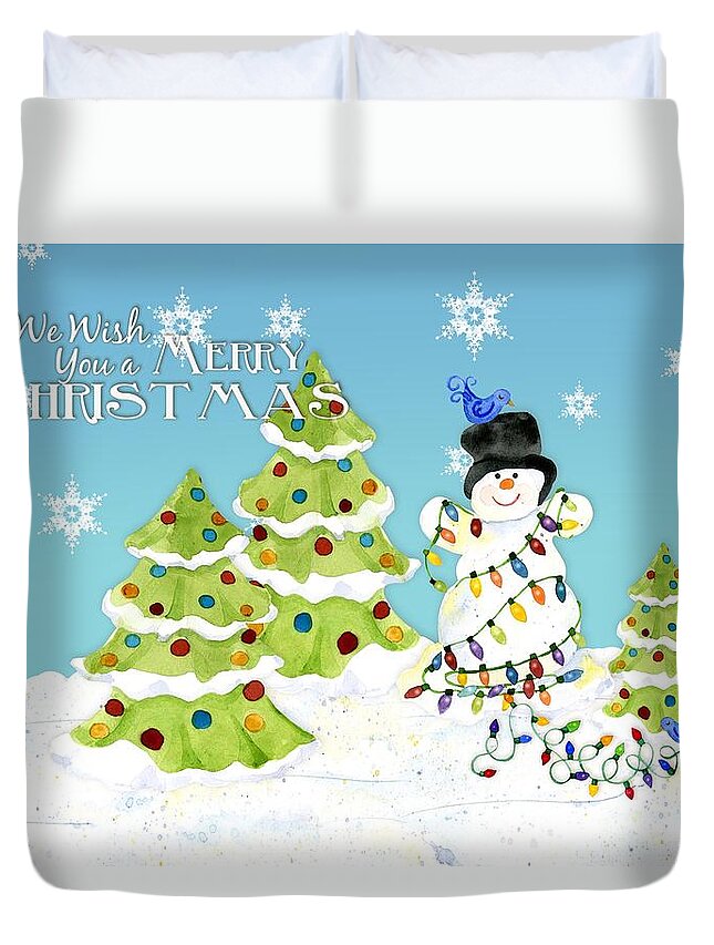 Classic Duvet Cover featuring the painting Merry Christmas Typography Snowman w Christmas Trees n Blue Birds by Audrey Jeanne Roberts