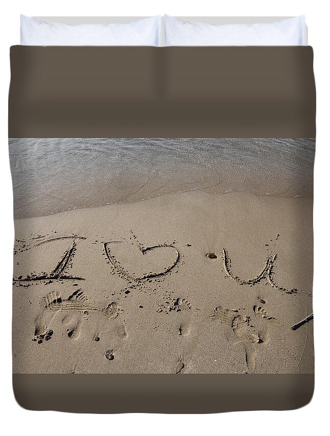 I Love You Duvet Cover featuring the photograph Message in the Sand by Valerie Collins