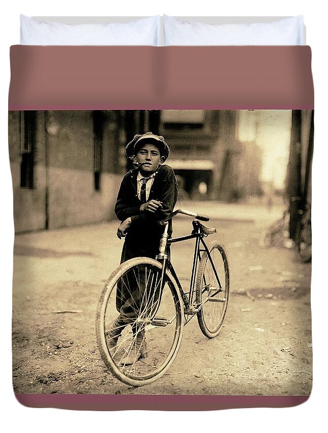 Messenger Boy For Mackay Telegraph Co. Lewis Hine Photo Waco Texas 1913 Color Frame Added 2016 Duvet Cover featuring the photograph Messenger boy for Mackay Telegraph Co. Lewis Hine photo Waco Texas 1913 color frame added 2016 by David Lee Guss