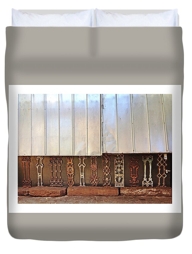 Metal Duvet Cover featuring the photograph Metal and Ironwork with White Border by Pat Exum