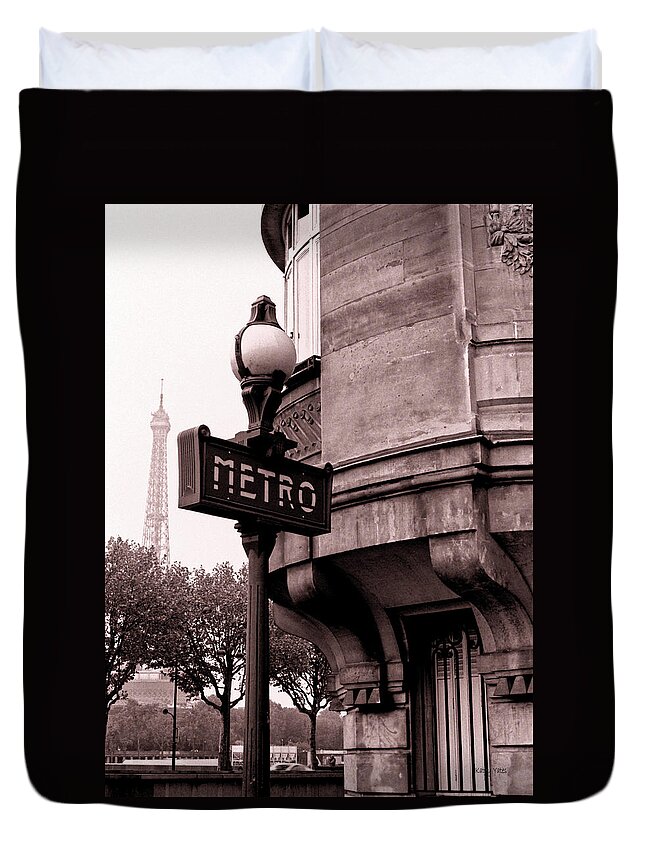 Eiffel Tower Duvet Cover featuring the photograph Metro and Eiffel by Kathy Yates
